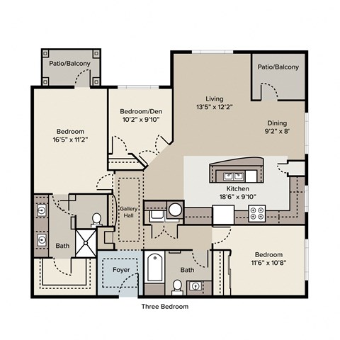 Floor plan for 3 beds, 2 baths, 1424 sqft